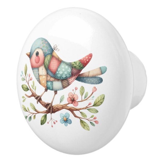 Patchwork Songbird op Blooming Branch Keramische Knop (Rechts)