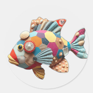 Patchwork stof vis met schelpen ronde sticker