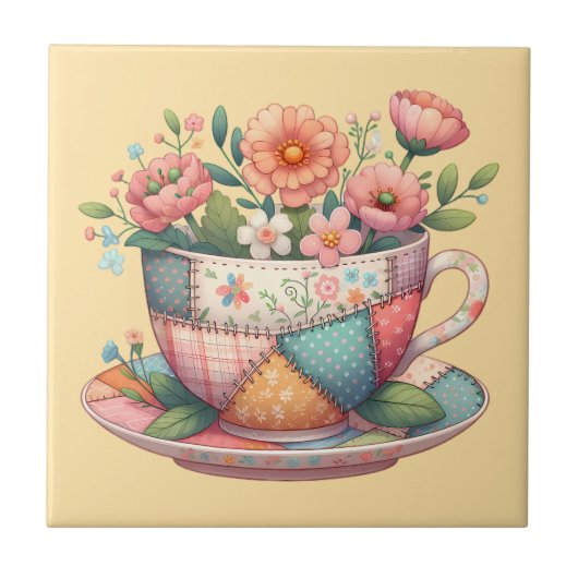 Patchwork Teacup with Whimsical Flowers Tegeltje (Voorkant)