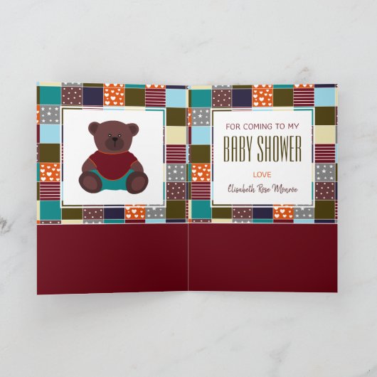 Patchwork Teddy Bear, Baby shower Hartelijk dank Bedankkaart (Binnen)