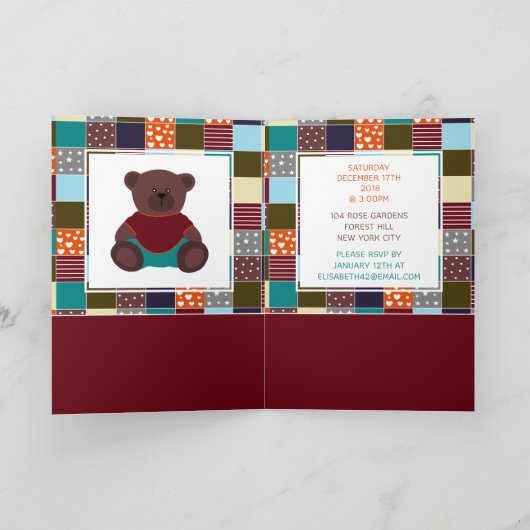 Patchwork Teddy Bear, Baby shower Invitation (Intérieur)