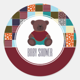 Patchwork Teddy Bear, Baby shower Ronde Sticker