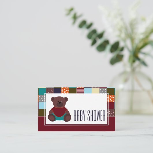 Patchwork Teddy Bear, Baby shower Ticket Invite Informatiekaartje (Staand voorkant)
