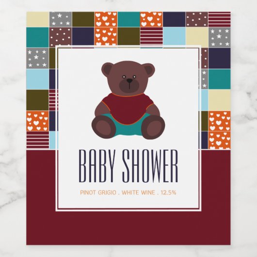 Patchwork Teddy Bear, Baby shower Wijn Etiket (Enkel label)