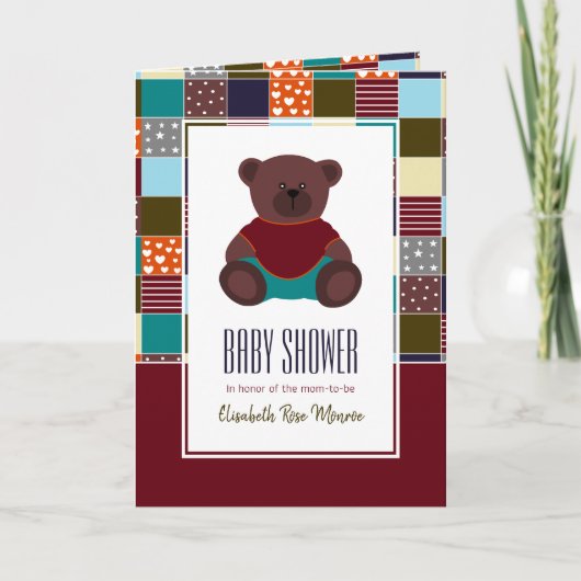 Patchwork Teddybeer, Uitnodiging voor Baby Shower (Voorkant)