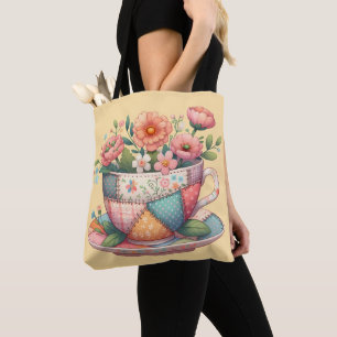 Patchwork theekop met grillige bloemen draagtas