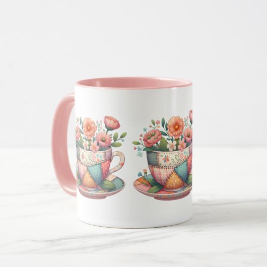 Patchwork theekop met grillige bloemen mok (Voorkant links)