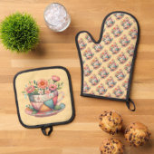 Patchwork theekop met grillige bloemen ovenwant & pannenlap set (Top down)