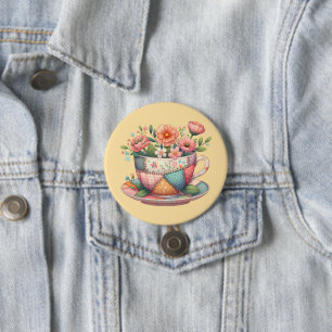 Patchwork theekop met grillige bloemen ronde button 7,6 cm