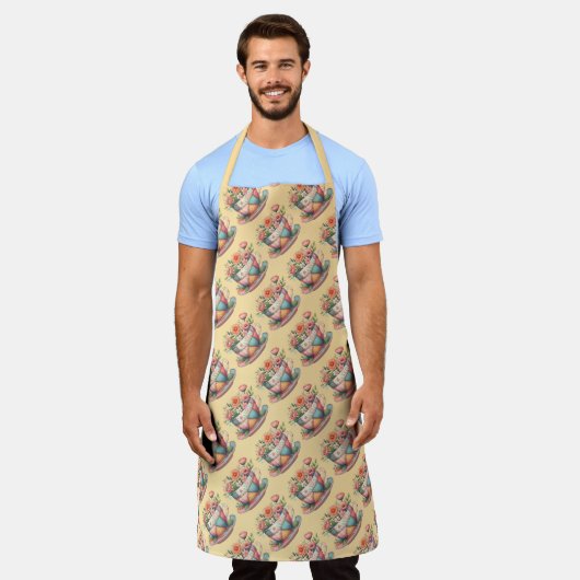 Patchwork theekop met grillige bloemen schort (Gedragen)