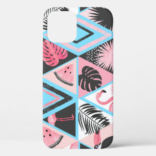 Patchwork tropische flamingo, palmpatroon. iPhone 12 hoesje
