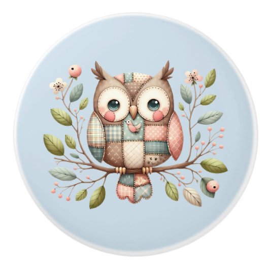 Patchwork Uil in grillig bos Keramische Knop (Voorkant)