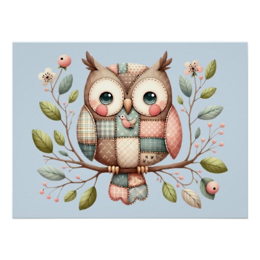 Patchwork Uil in grillig bos Perfect Poster (Voorkant)