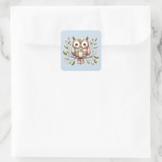 Patchwork Uil in grillig bos Vierkante Sticker (Tas)