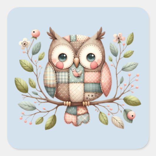 Patchwork Uil in grillig bos Vierkante Sticker (Voorkant)