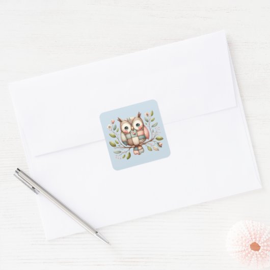 Patchwork Uil in grillig bos Vierkante Sticker (Envelop)