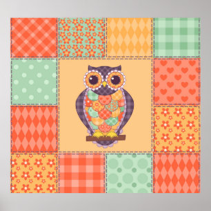 Patchwork Uil Naadloos Patroon Poster