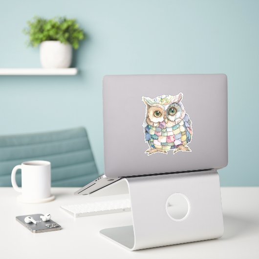 Patchwork Uil Sticker (Laptop op bureau)