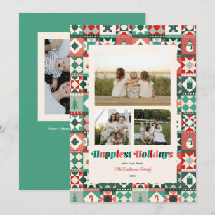 Patchwork Vakantie Rood en Groen Drie Foto Feestdagenkaart