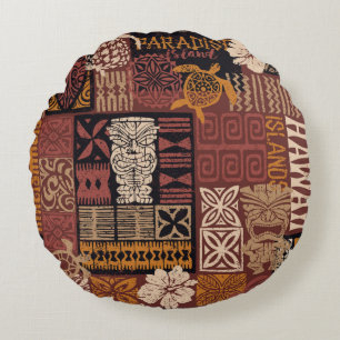 Patchwork van Hawaiiaanse stijl tribale motieven Rond Kussen