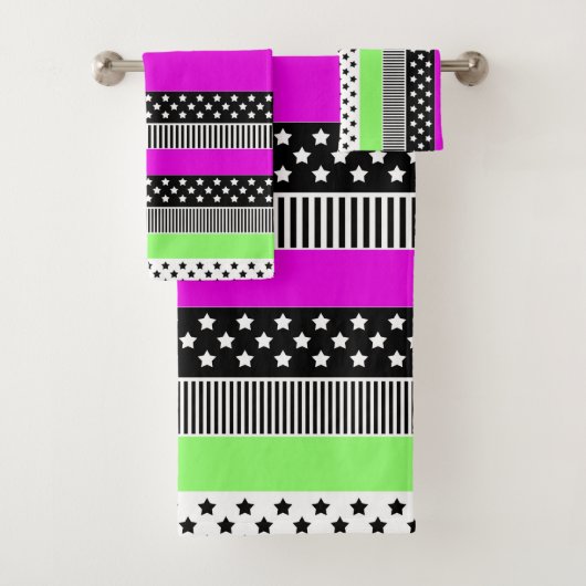 Patchwork van zwart-wit en neon strepen bad handdoek (Insitu)