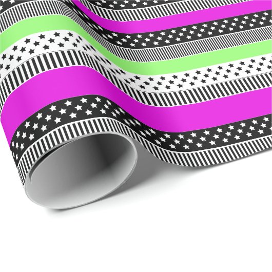 Patchwork van zwart-wit en neon strepen cadeaupapier (Rol Hoek)