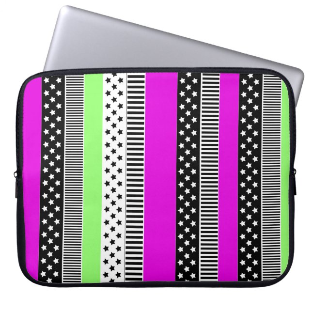 Patchwork van zwart-wit en neon strepen laptop sleeve (Voorkant)