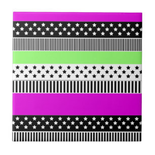 Patchwork van zwart-wit en neon strepen tegeltje