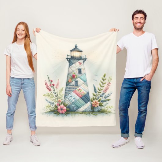 Patchwork Vuurtoren Kust Bloemenscène Fleece Deken (In situ)