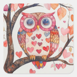 Patchwork Waterverf Uil Valentijn Kaart Vierkante Sticker