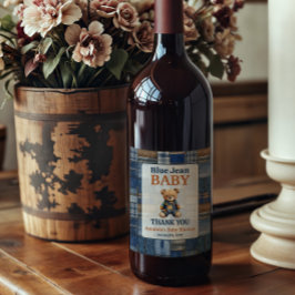 Patchwork Western Denim Bear Blue Jean Baby Shower Wijn Etiket