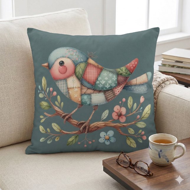 Patchwork Zangvogel op Bloeiende Tak Kussen (Patchwork Songbird on Blooming Branch Throw PilloW Mockup A)