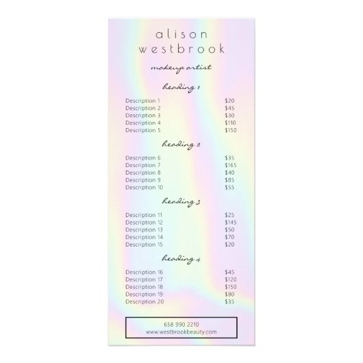 Pâte holographique moderne glam salon menu service (Devant)