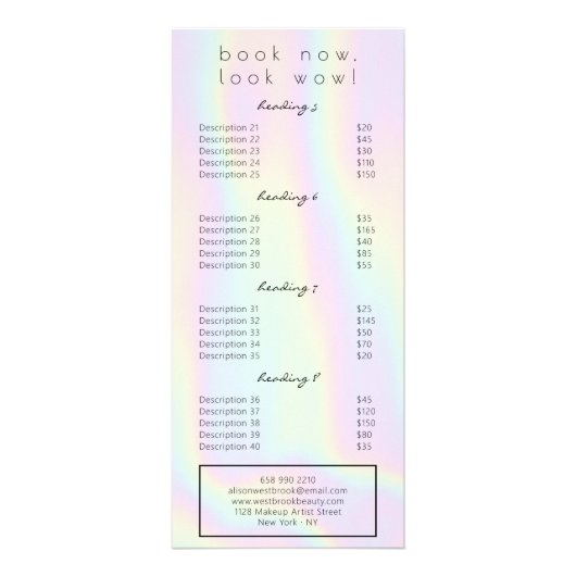 Pâte moderne holographique glam salon menu service (Dos)