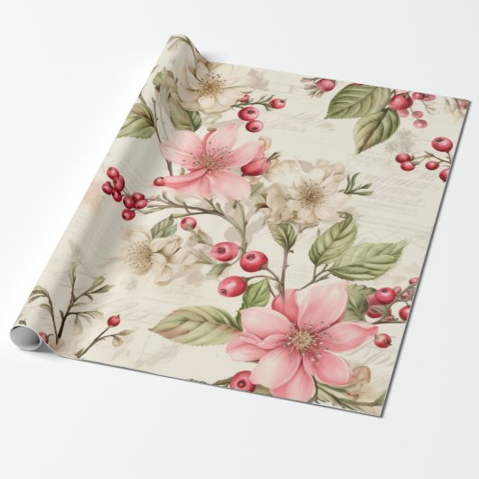 Patel Rood Groen Roze Poinsettia Kerstmis Cadeaupapier (Uitgerold)