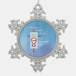 Patenkind, Eerste Heilige Communie, Blauw Tin Sneeuwvlok Ornament
