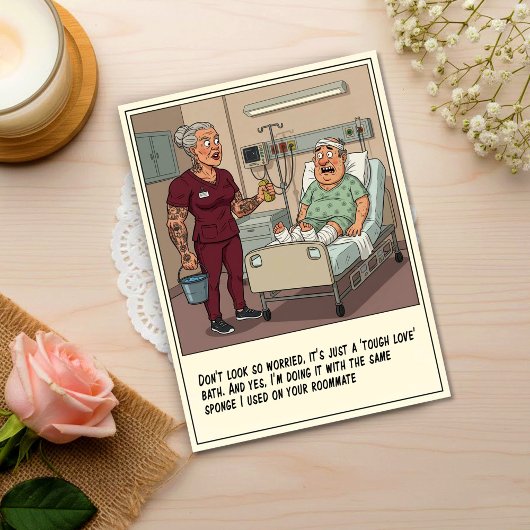 Patient Scared of Nurse Sponge Bath Get Well Briefkaart
