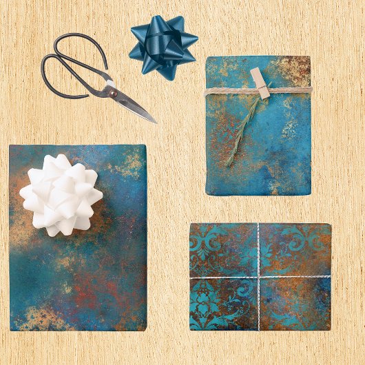 Patina Copper Turquoise Floral Distressed  Inpakpapier Vel