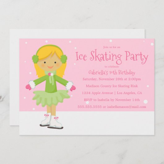 Patinage sur glace rose | Invitation de fête d'ann (Devant / Derrière)