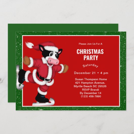 Patinage sur glace Vache Noël Fête Invitation (Devant / Derrière)