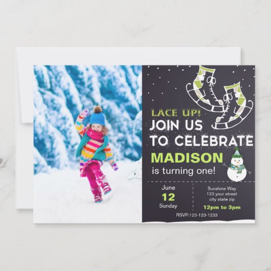 Patinage sur glace vert Invitation d'anniversaire  (Devant)