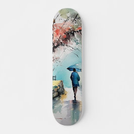 Patineta con Mujer Bajo la Lluvia en Arte Acuarela Skateboard