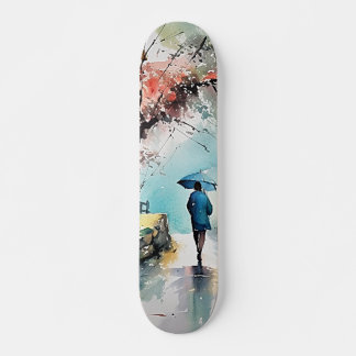Patineta con Mujer Bajo la Lluvia en Arte Acuarela Skateboard