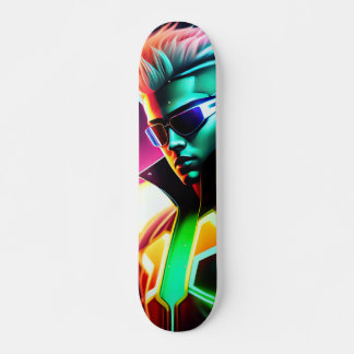 Patineta Joven Con Gafas Y Luces Neón Verde Y Rosa Skateboard