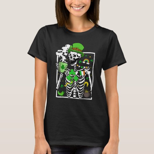 Patrick's Day Skeleton Shamrock Skull Drinking Cof T-shirt (Voorkant)