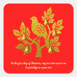 Patrijs In Een Peerboom Helderrood Goud Kerstmis Vierkante Sticker