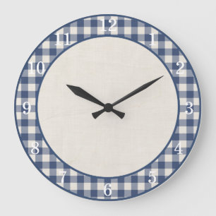 Patriot Blauw Gingham Boerderij Keuken Wandklok Grote Klok