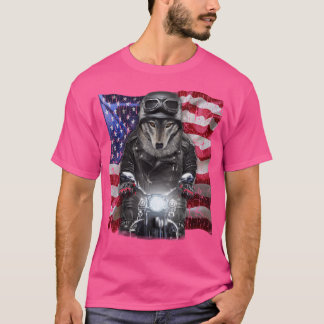 Patriot Grijze Wolf op motorfiets met vlag van de T-shirt