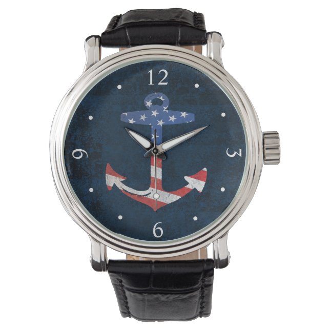 Patriotic American Flag Anchor Nautical US Horloge (Voorkant)