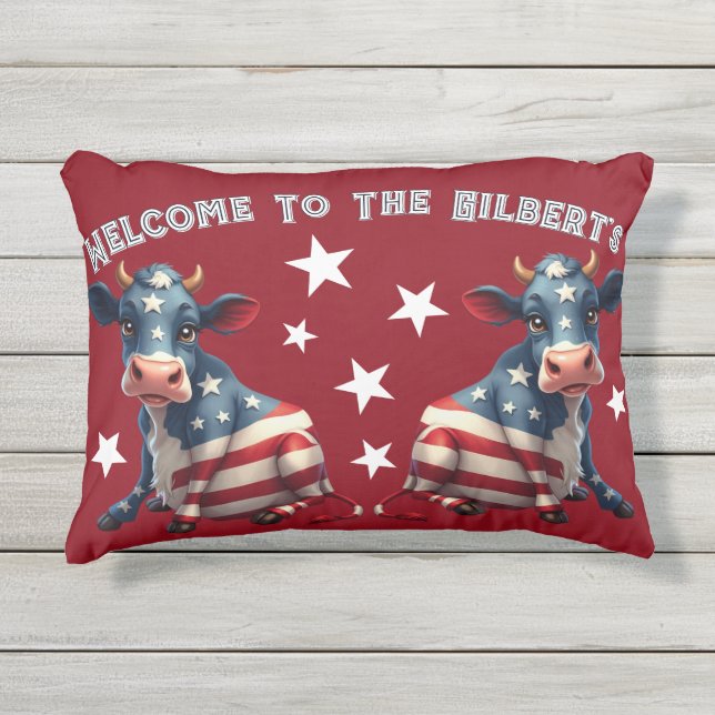 Patriotic American Flag Cow Illustration Buitenkussen (Voorkant)